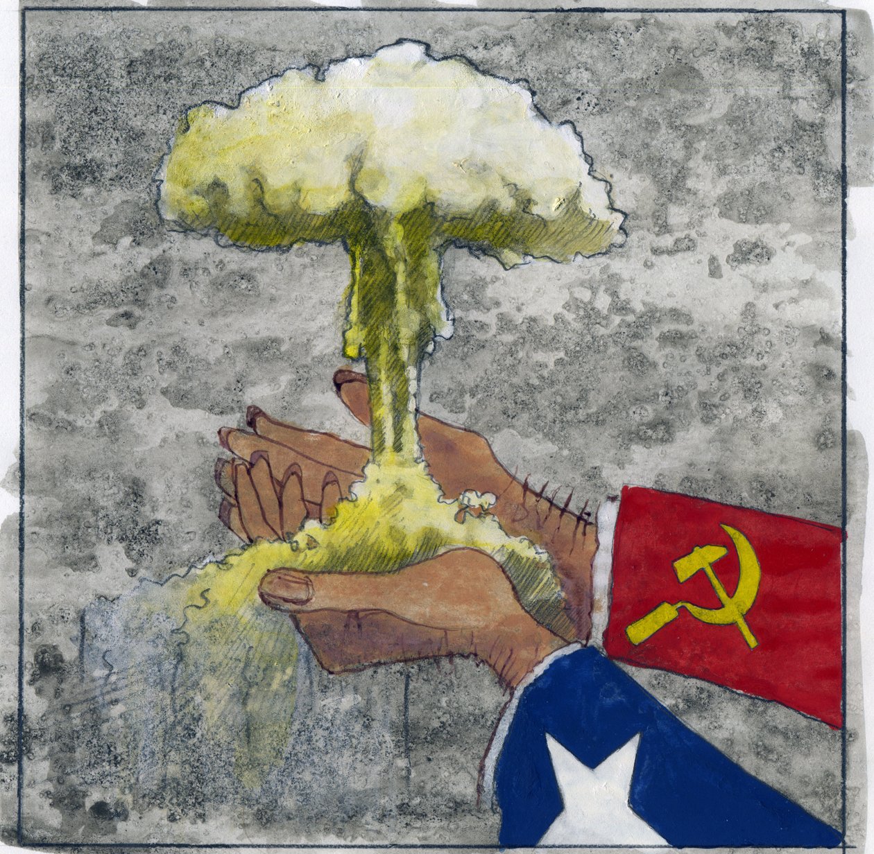 Rappresentazione allegorica della guerra fredda come mani americane e sovietiche che tengono la nube atomica. Illustrazione di Alessandro Lonati da Alessandro Lonati