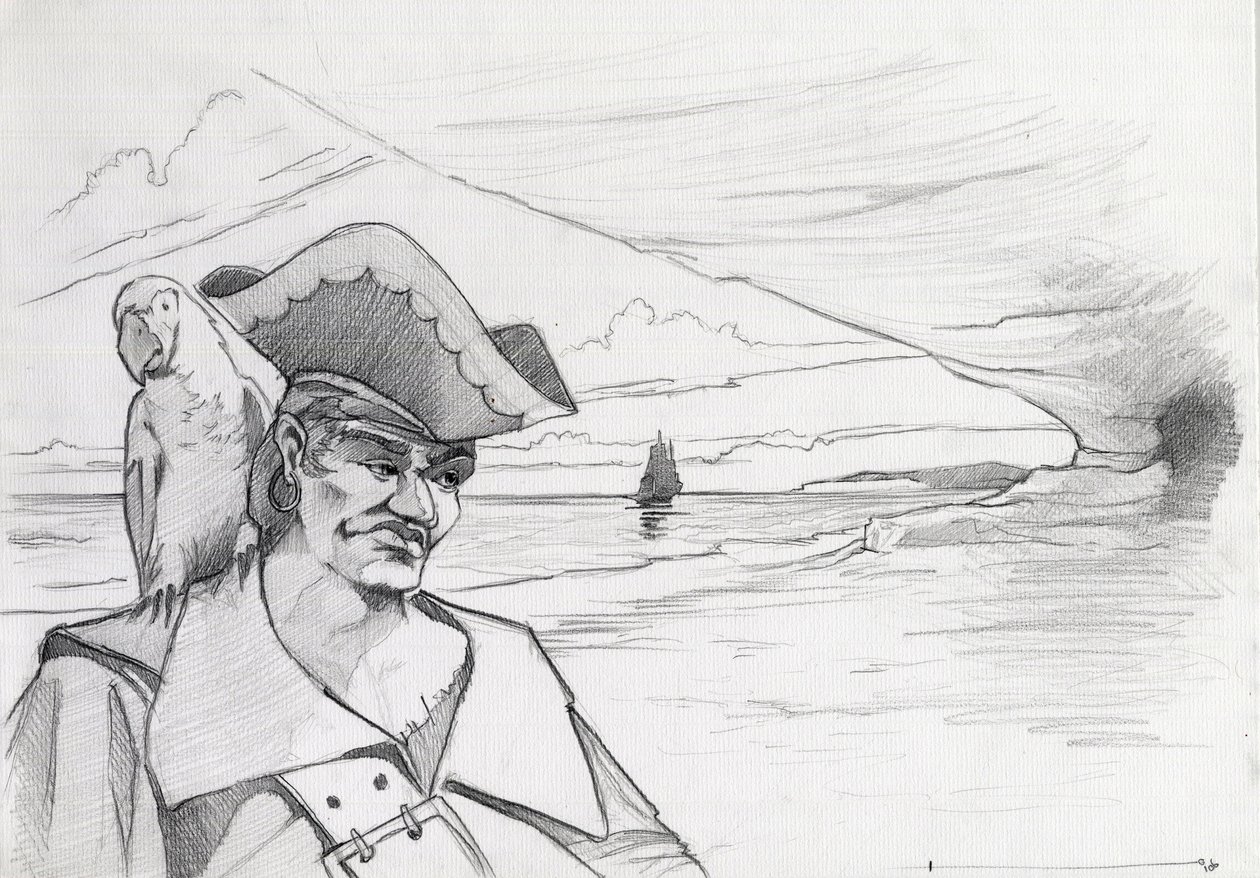 Pirata dei Caraibi con pappagallo che cerca un tesoro in una grotta su una spiaggia, con galeone. Disegno di Alessandro Lonati da Alessandro Lonati