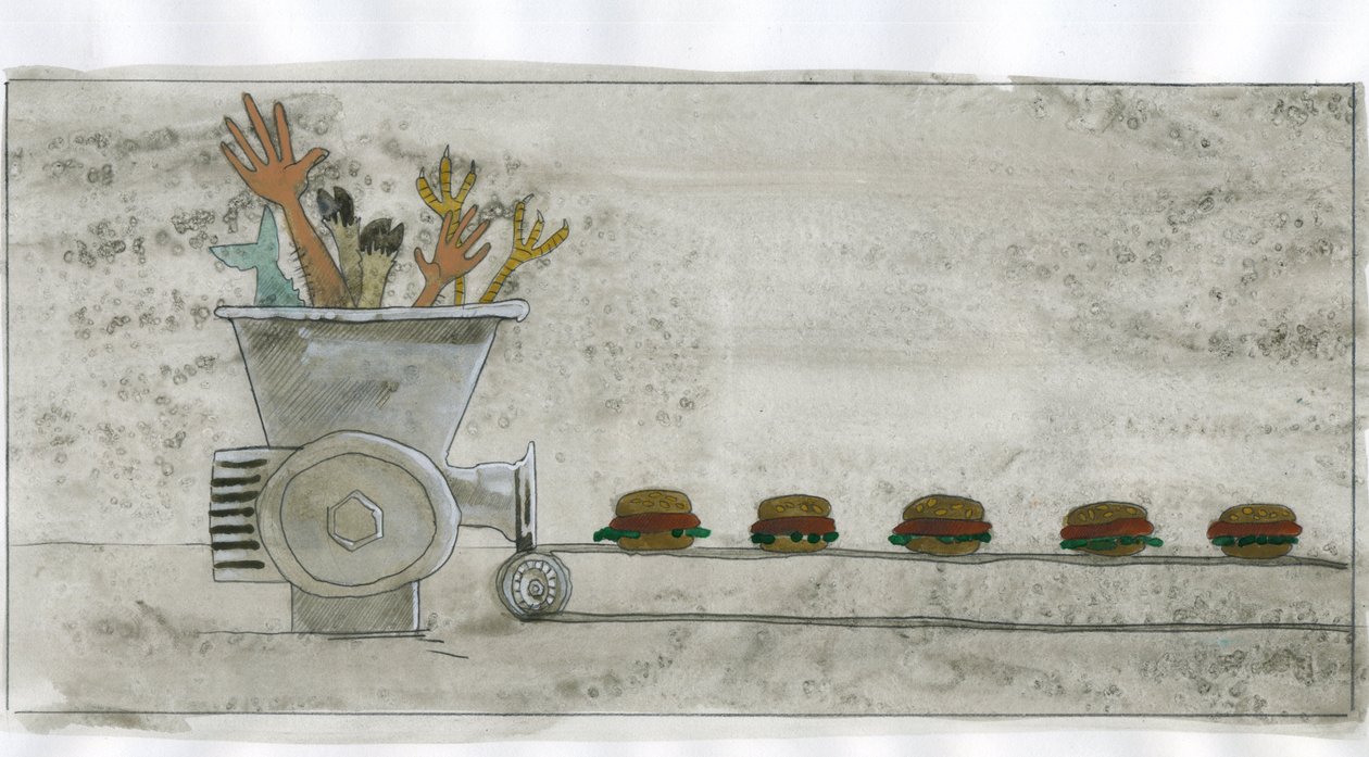 Società dei consumi: produzione di cibo spazzatura, hamburger fatto con resti umani e animali. Illustrazione di Alessandro Lonati da Alessandro Lonati