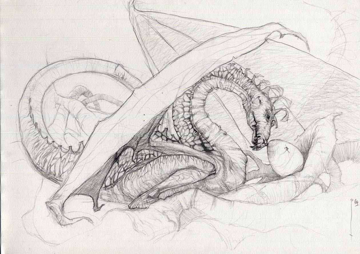 Creatura fantastica: un drago che protegge il suo uovo. Schizzo a matita di Alessandro Lonati da Alessandro Lonati