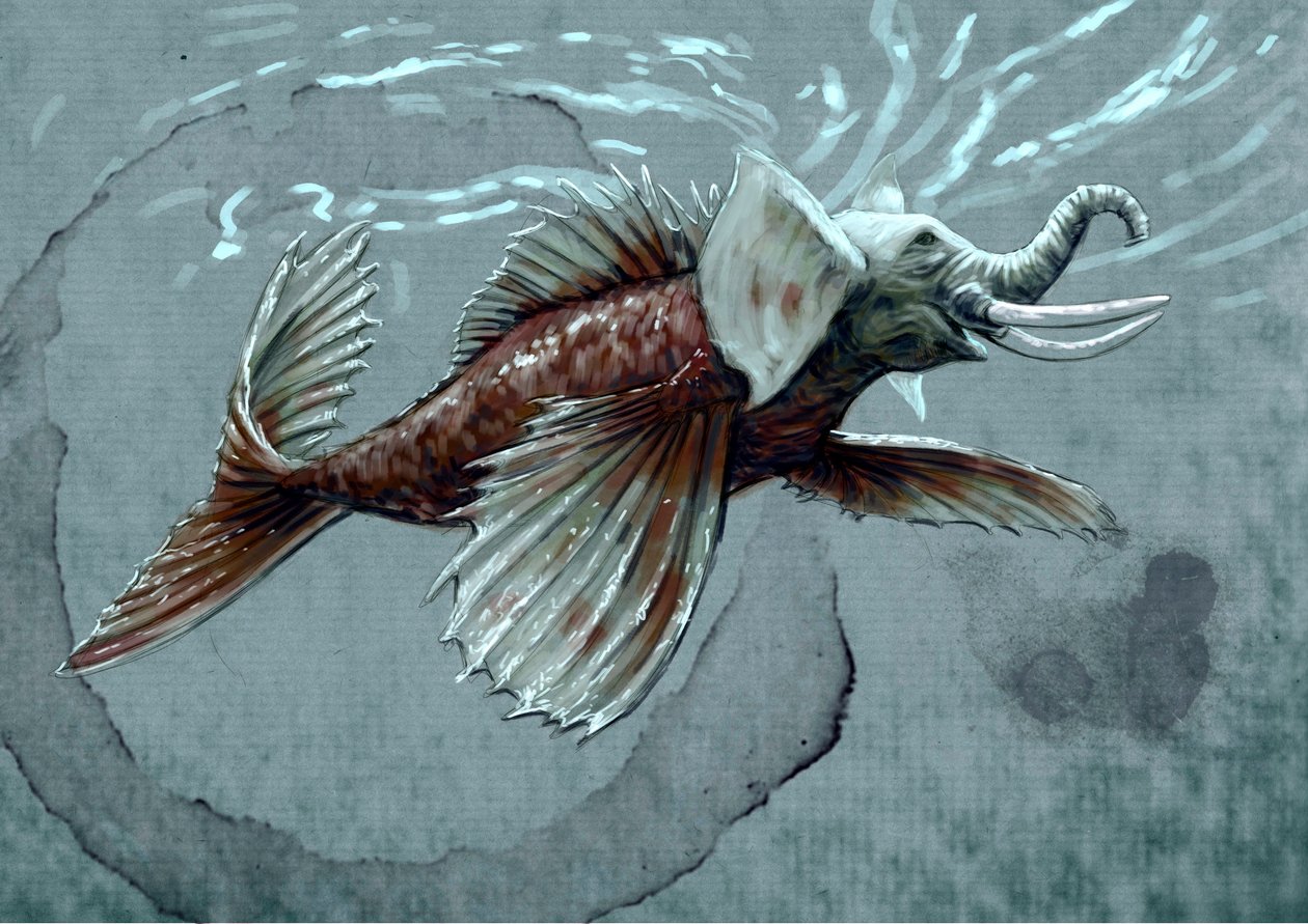 Mostri e creature fantastiche, criptozoologia: rappresentazione di un makara, animale acquatico del bestiario mitologico dell