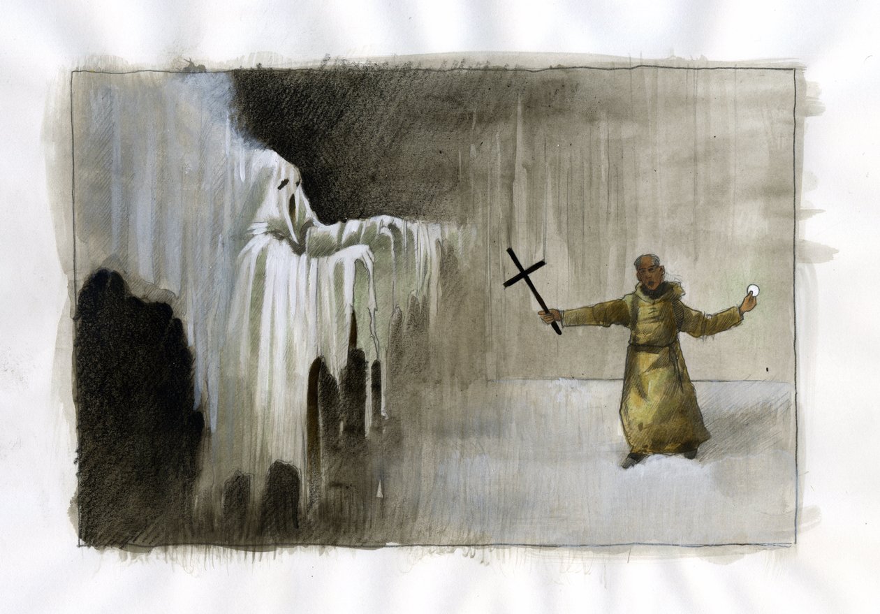 Lotta tra un monaco con un crocifisso e un fantasma. Illustrazione di Alessandro Lonati da Alessandro Lonati