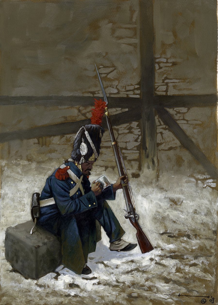 Primo Impero: granatiere della guardia in cappotto seduto nella neve da Alessandro Lonati