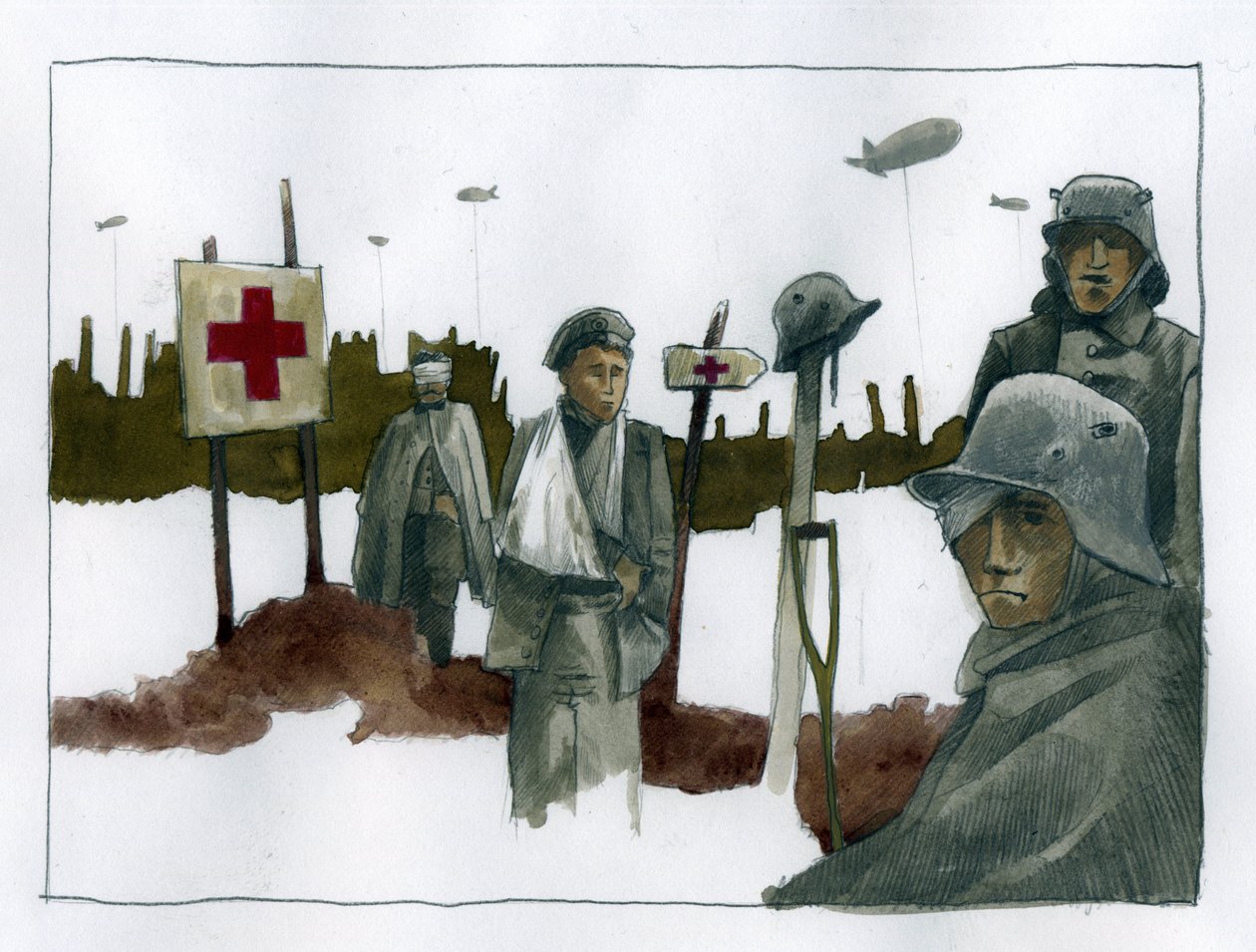 Prima Guerra Mondiale: Gules cassees e feriti di guerra al posto di soccorso della Croce Rossa - 1914-1918. Illustrazione di Alessandro Lonati da Alessandro Lonati