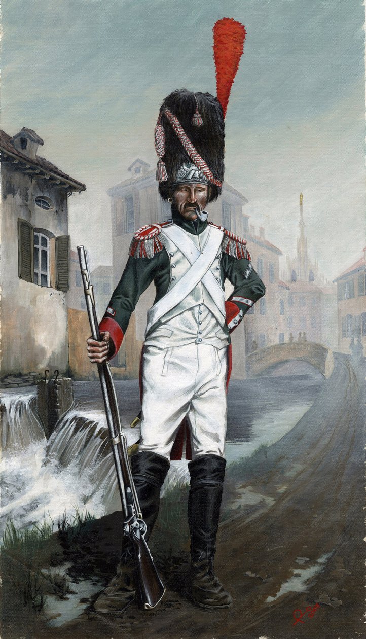 Primo Impero (1804-1814 e 1815): soldati granatieri italiani vicino al canale di Milano con la cattedrale sullo sfondo da Alessandro Lonati