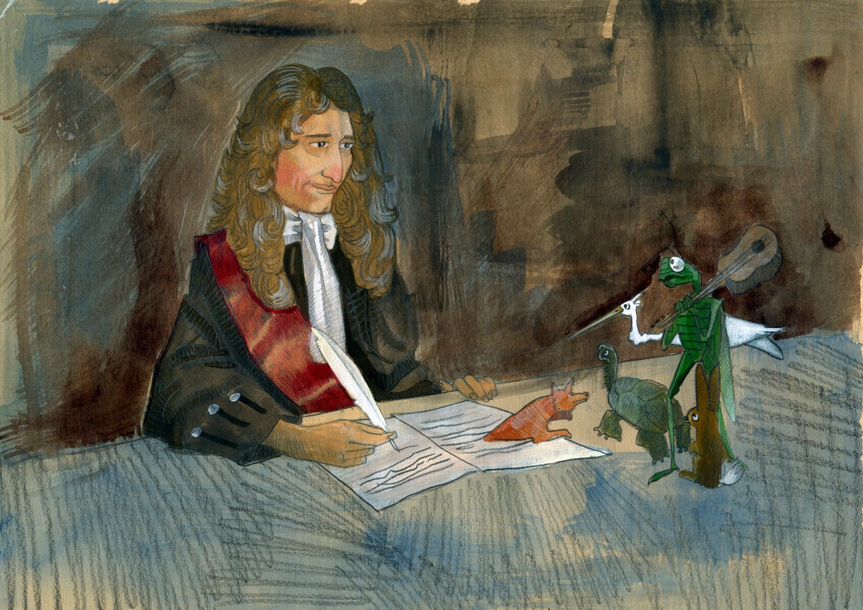 Scrittore francese Jean de la Fontaine che guarda i personaggi delle sue favole. Illustrazione di Alessandro Lonati da Alessandro Lonati