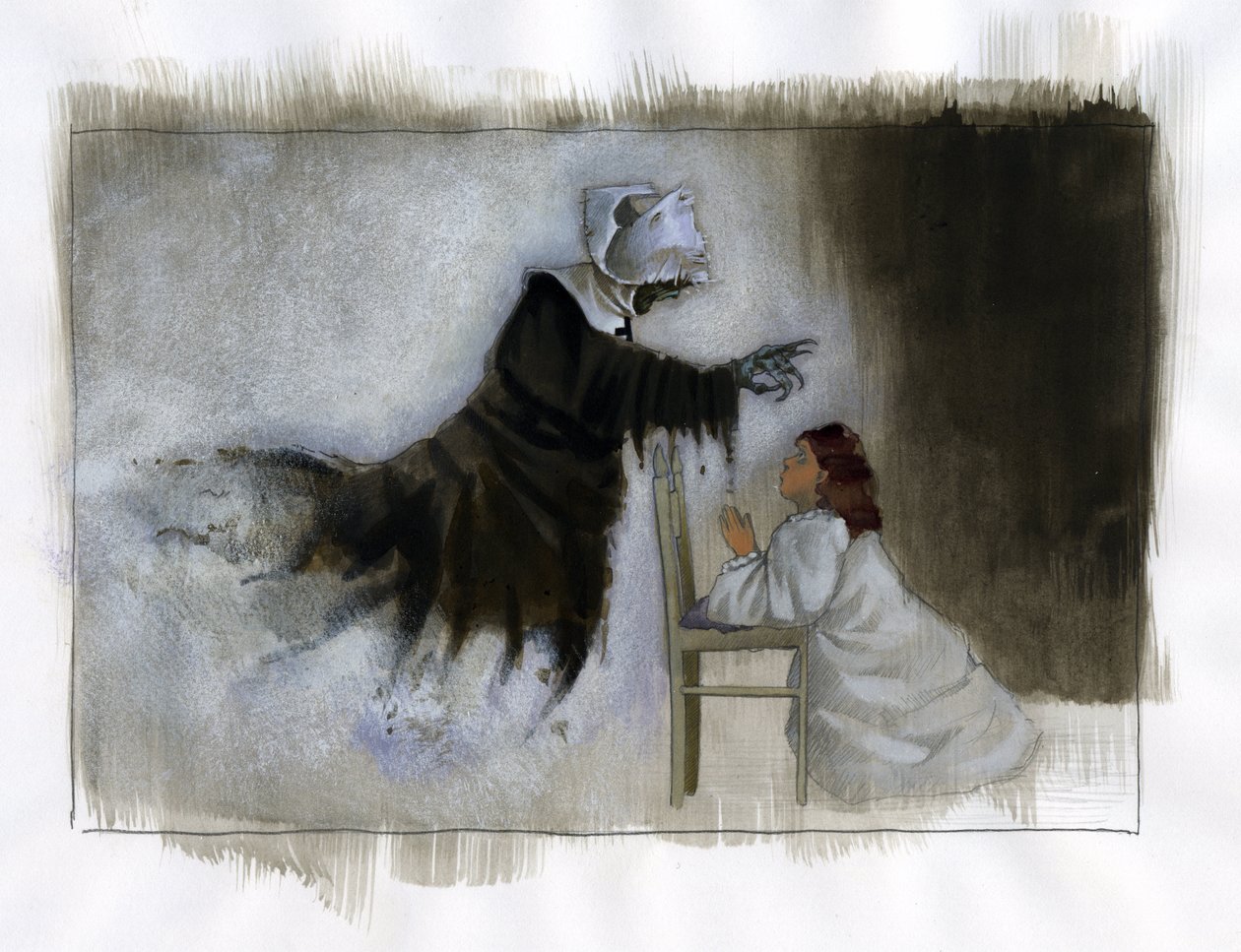 Fantasma di una suora anziana con mani storte appare a una bambina che prega. Illustrazione di Alessandro Lonati da Alessandro Lonati