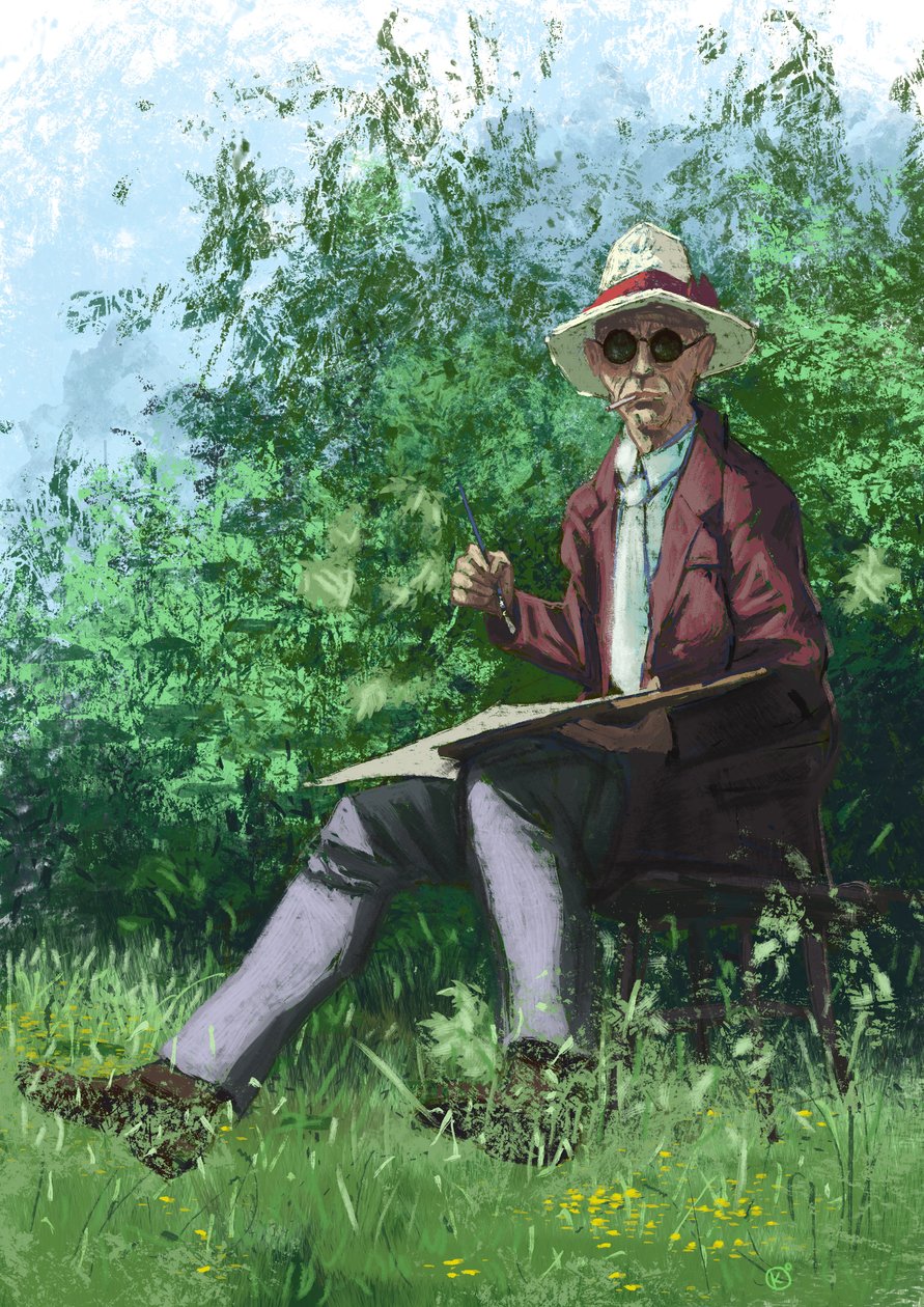 Hermann Hesse che dipinge in giardino da Alessandro Lonati