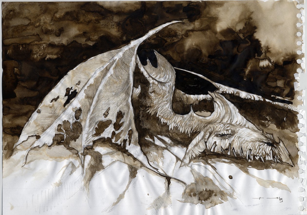 Illustrazione di un animale fantastico e leggendario: carcassa di drago morto. Disegno a colori di Alessandro Lonati da Alessandro Lonati