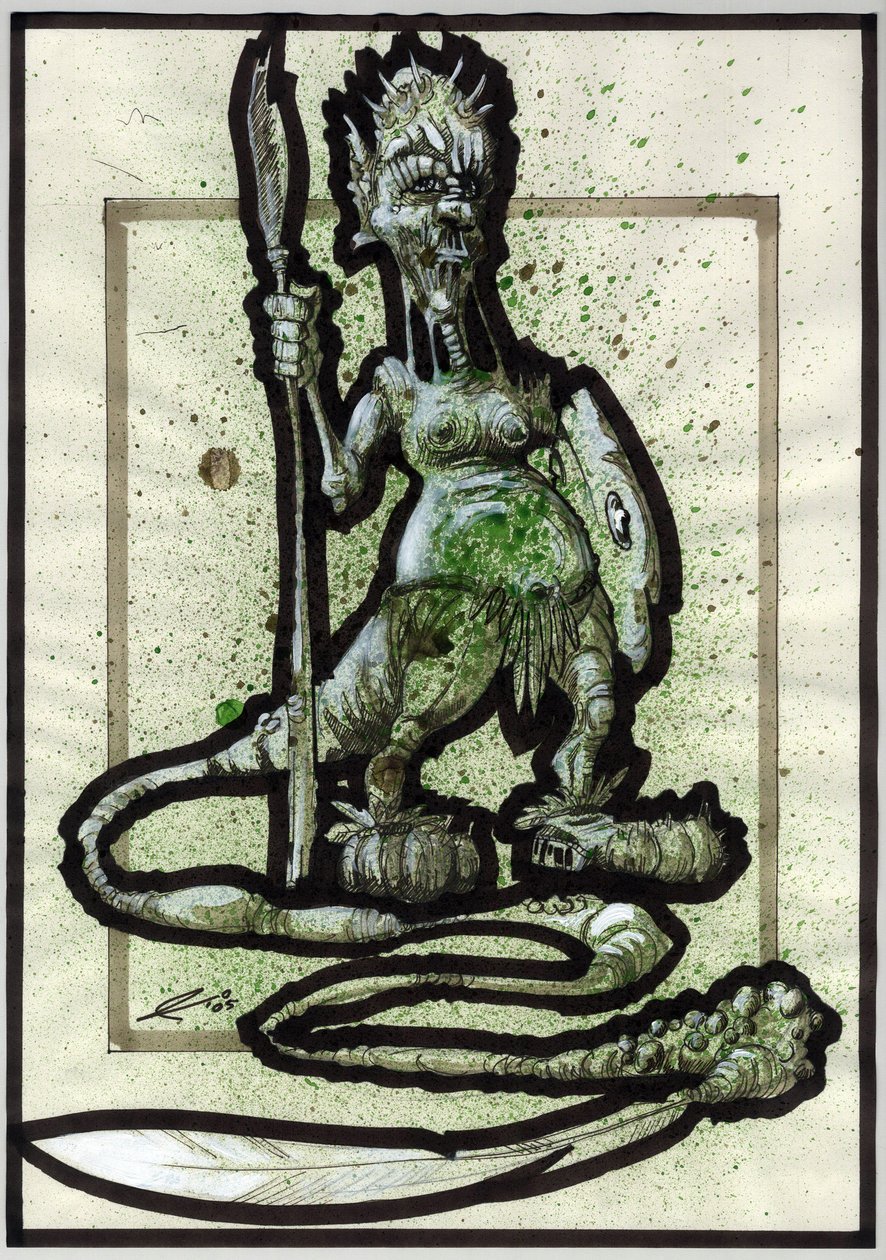 Mostro leggendario per illustrazione fantasy: volto di una creatura tribale o guerriero con lancia, scudo e coda di piume da Alessandro Lonati