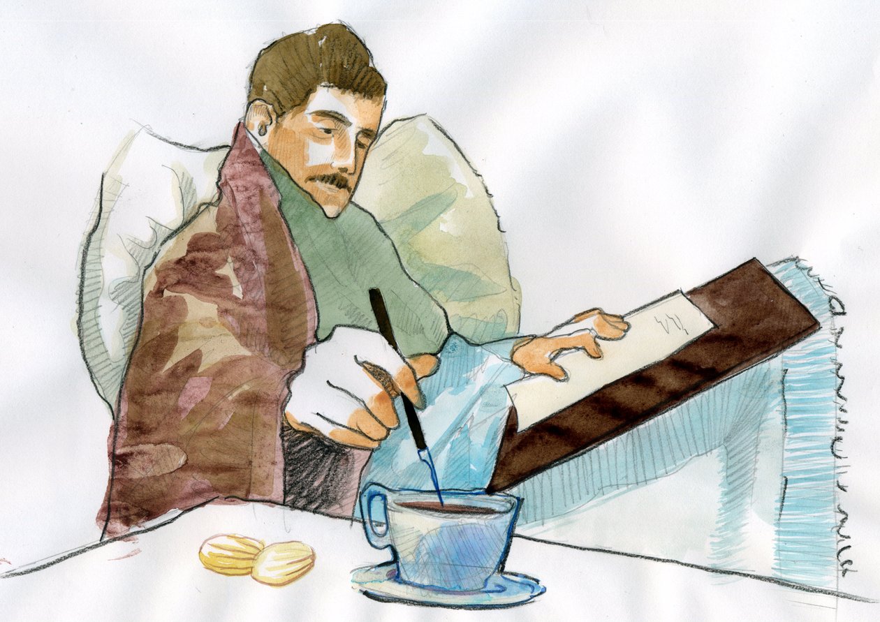 Marcel Proust come un malato che scrive con il tè di sua zia Elisabeth (inchiostro su carta) da Alessandro Lonati