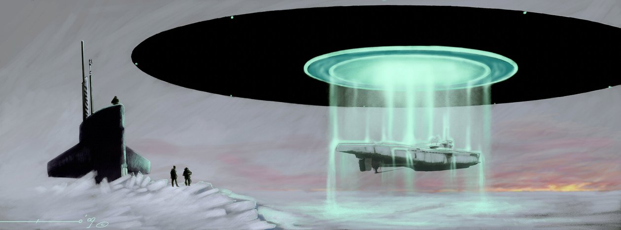 Incontro al Polo Nord tra un sottomarino U-boot e un disco volante (UFO, alieno) per la restituzione di un sottomarino preso dagli alieni durante la guerra. Disegno di Alessandro Lonati da Alessandro Lonati