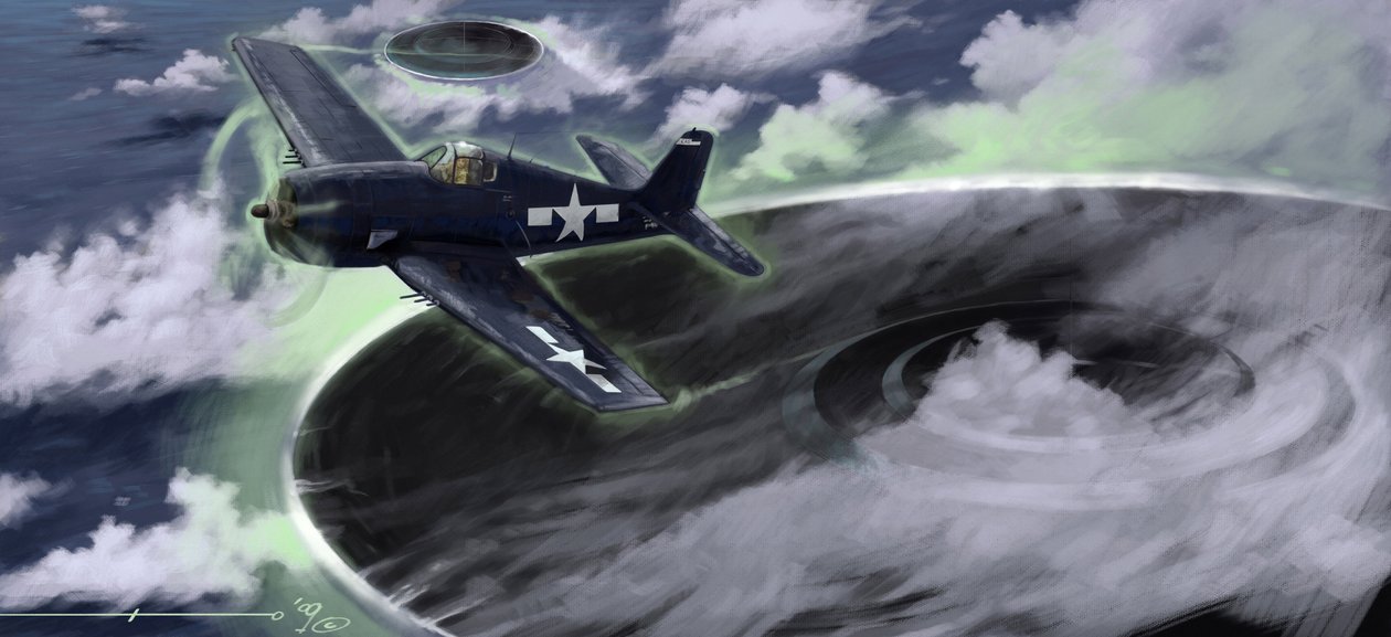 Fenomeni misteriosi: raffigurazione della scomparsa di un aereo della Marina degli Stati Uniti nel triangolo delle Bermuda negli anni 