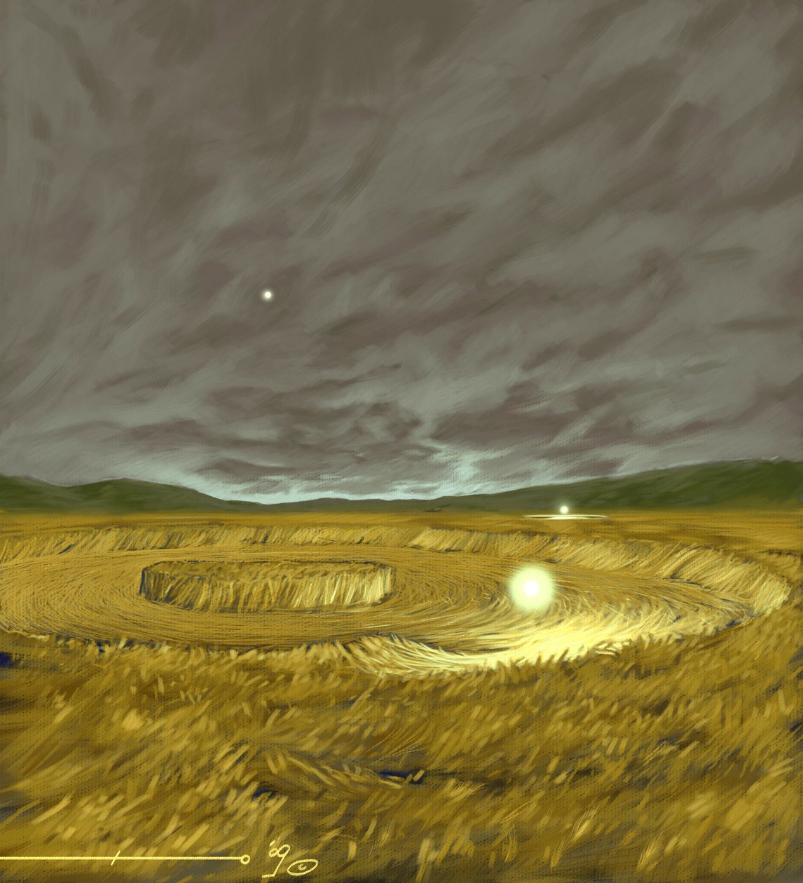 Fenomeni misteriosi: rappresentazione della leggendaria formazione dei cerchi nel grano (agroglyph, crop circle o cerchio nel grano) da Alessandro Lonati
