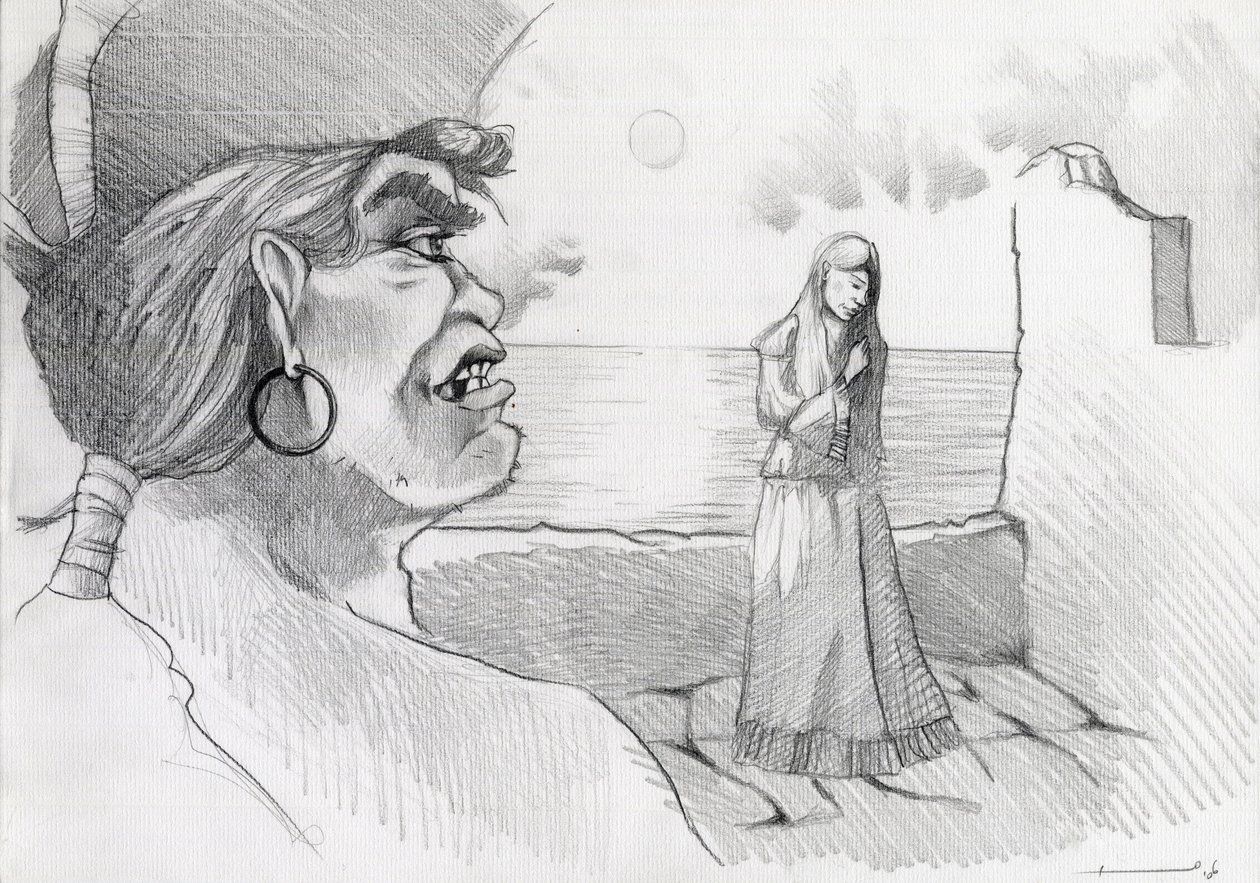 Pirata dei Caraibi che minaccia una donna in una fortezza da Alessandro Lonati