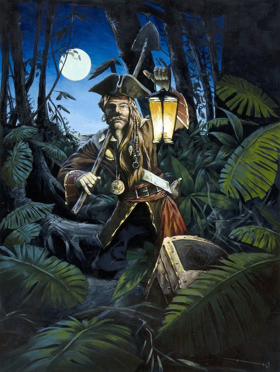 Pirati dei Caraibi con lanterna, di notte, che nasconde il suo tesoro nella foresta di un