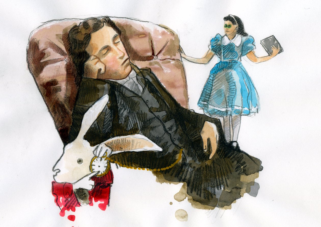 Ritratto di Lewis Carroll romanziere, saggista, fotografo circondato dai suoi personaggi da Alessandro Lonati
