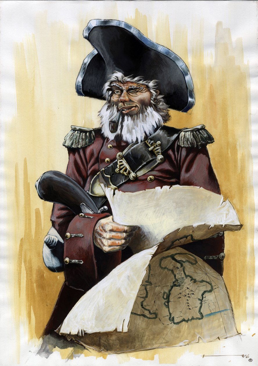 Ritratto di un pirata o marinaio con un tricorno e una mappa del tesoro in mano da Alessandro Lonati