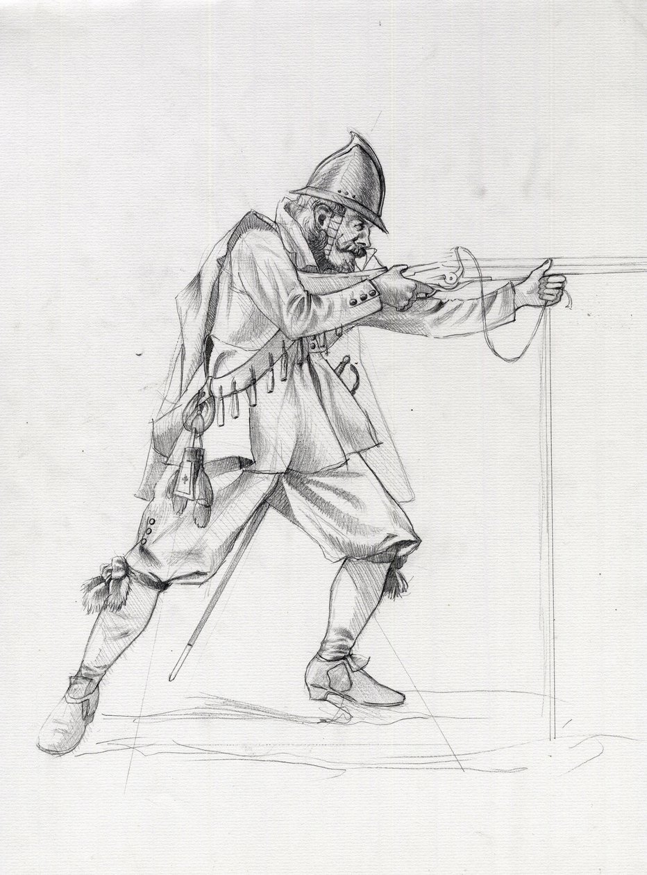 Ritratto di un soldato di vascello del XVII secolo in posizione di tiro da Alessandro Lonati