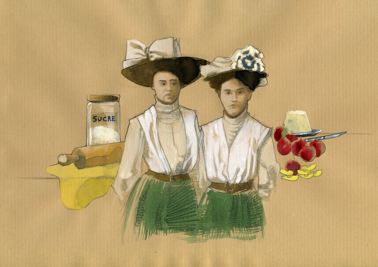 Ritratto delle sorelle Stephanie (1838-1917) e Caroline Tatin (1847-1911) che inventarono il dessert francese tatin a Lamotte-Beuvron en Sologne da Alessandro Lonati