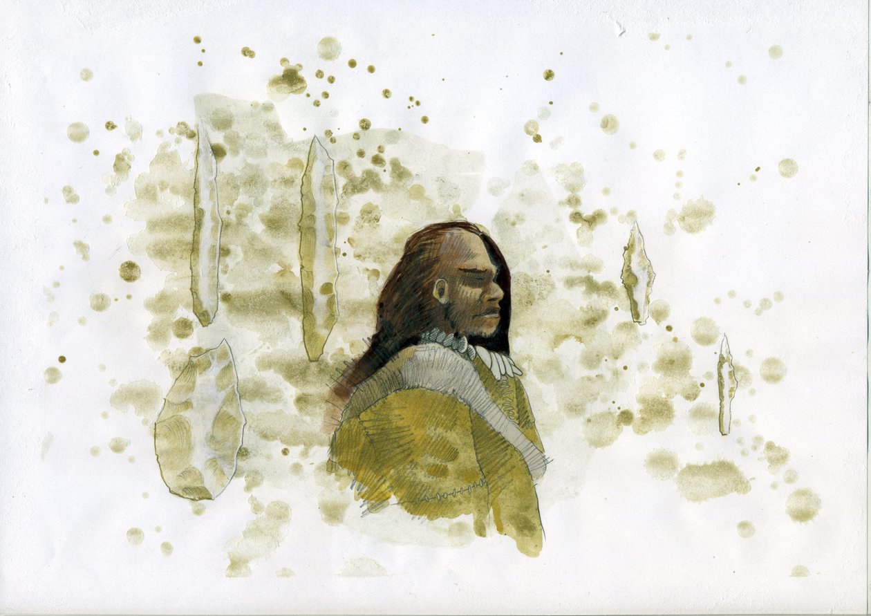 Preistoria: uomo di Neanderthal con strumenti di selce (Illustrazione di Alessandro Lonati) da Alessandro Lonati
