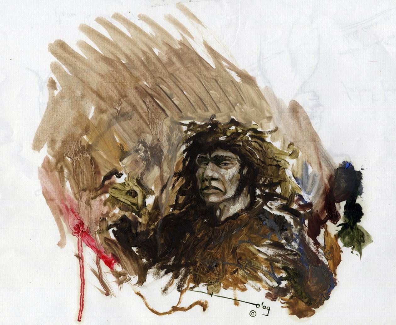 Preistoria: rappresentazione di un uomo di Neanderthal nel Paleolitico medio. Disegno di Alessandro Lonati da Alessandro Lonati
