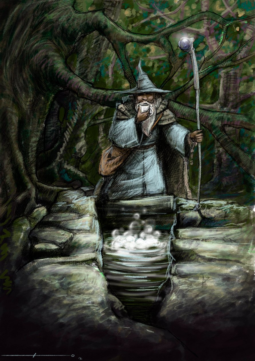 Rappresentazione di un druido che beve alla meravigliosa fontana di Barenton, nella foresta di Broceliande - Illustrazione di Alessandro Lonati - 2012 da Alessandro Lonati