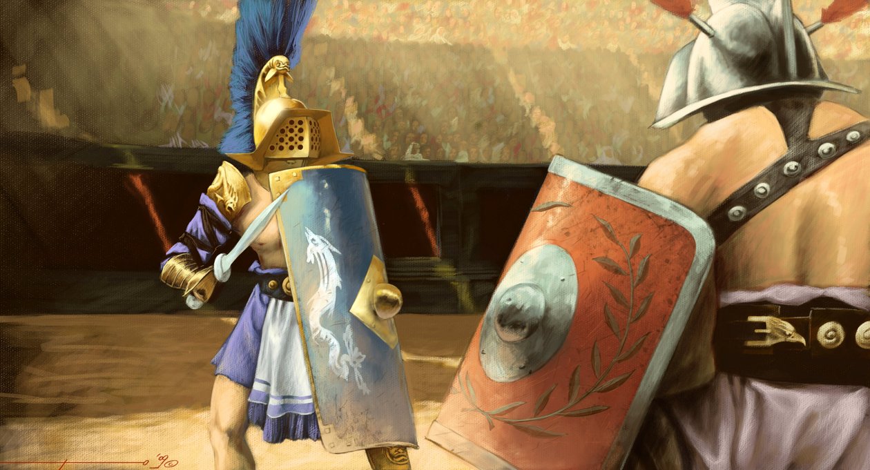 Arte romana: duello di gladiatori tra un gladiatore mirmillo (sinistra) e un trace in un anfiteatro. Disegno di Alessandro Lonati da Alessandro Lonati