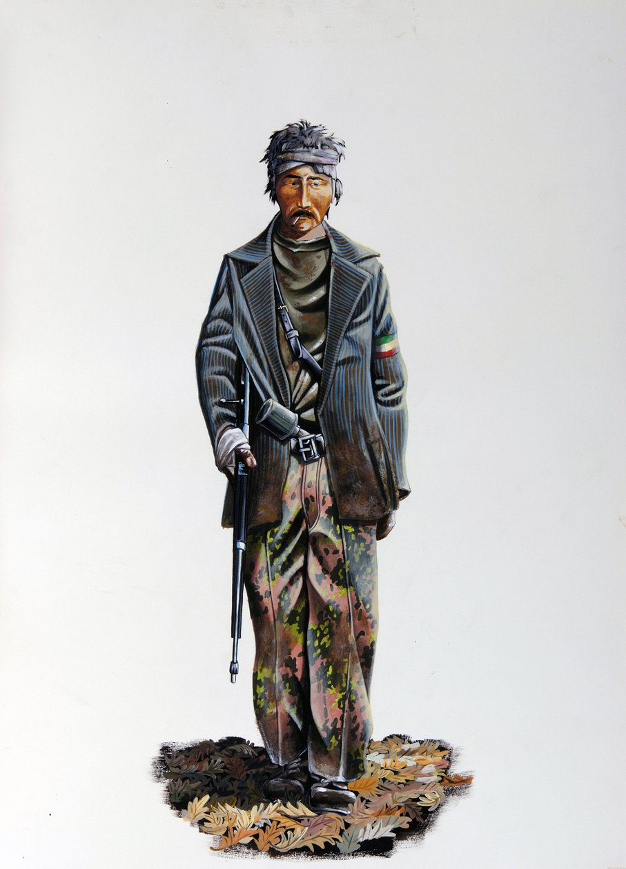 Seconda Guerra Mondiale: un membro della Resistenza Italiana (partigiano), con indosso una tuta mimetica e armato di mitragliatrice. 1943-1945 da Alessandro Lonati