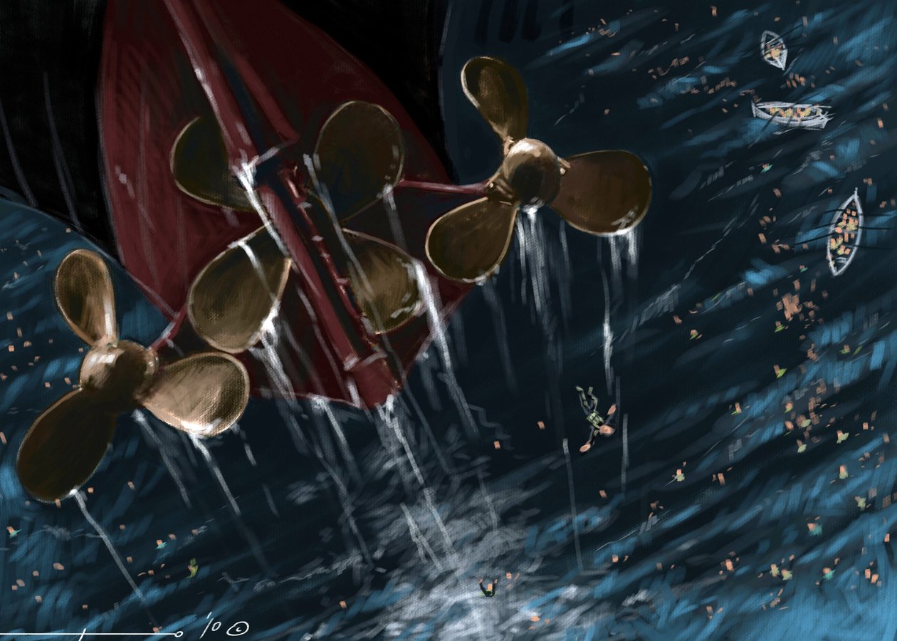 Vista delle eliche del transatlantico Titanic al momento dell