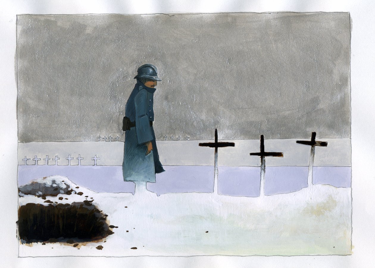 Prima Guerra Mondiale: un soldato francese in una tomba di guerra che guarda le croci da Alessandro Lonati