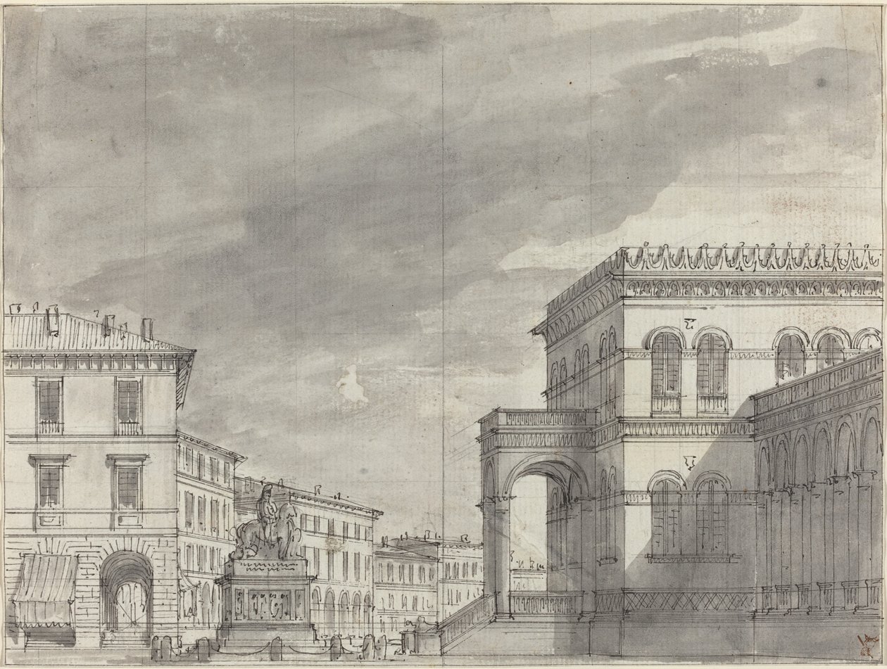 Piazza con monumento equestre e palazzo da Alessandro Sanquirico