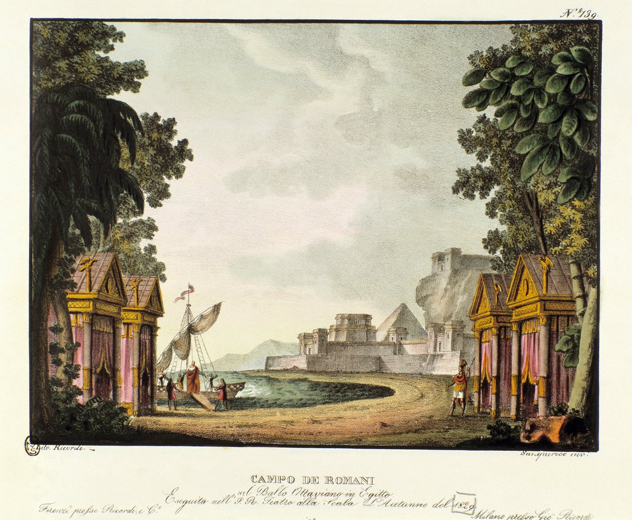 Vista del campo romano Scenografia per il balletto "Ottaviano in Egitto" del coreografo italiano Giovanni Galzerani (1828). Litografia in "Raccolta di invenzioni sceniche del 1830 di Alessandro Sanquirico" da Alessandro Sanquirico