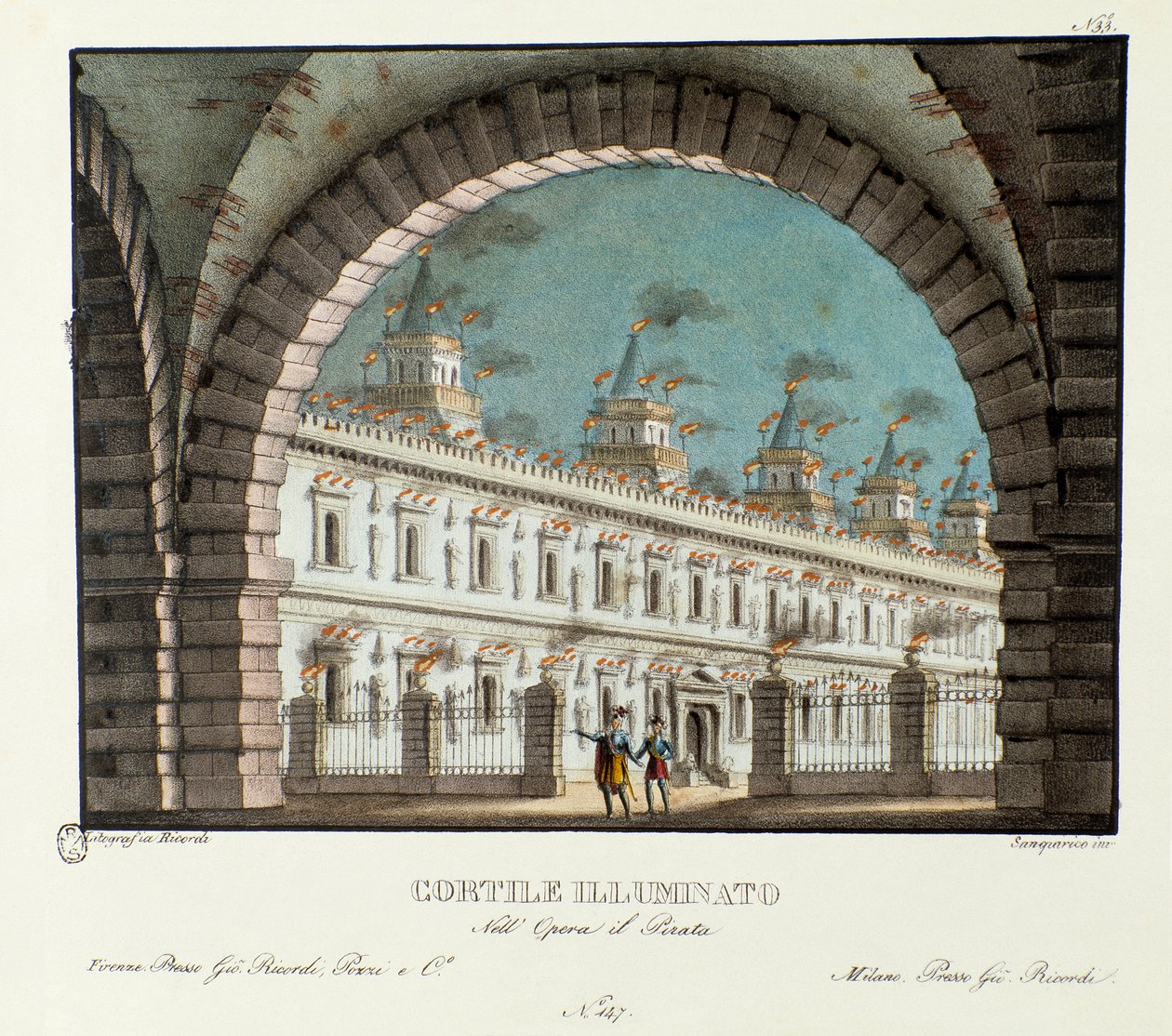 Vista del grande cortile illuminato da Alessandro Sanquirico