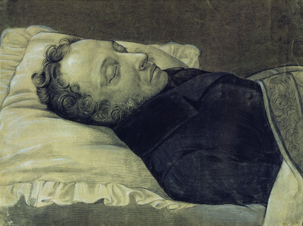 Ritratto di Alexander Pushkin sul letto di morte, 1837 da Alexander Alexeyevich Koslov