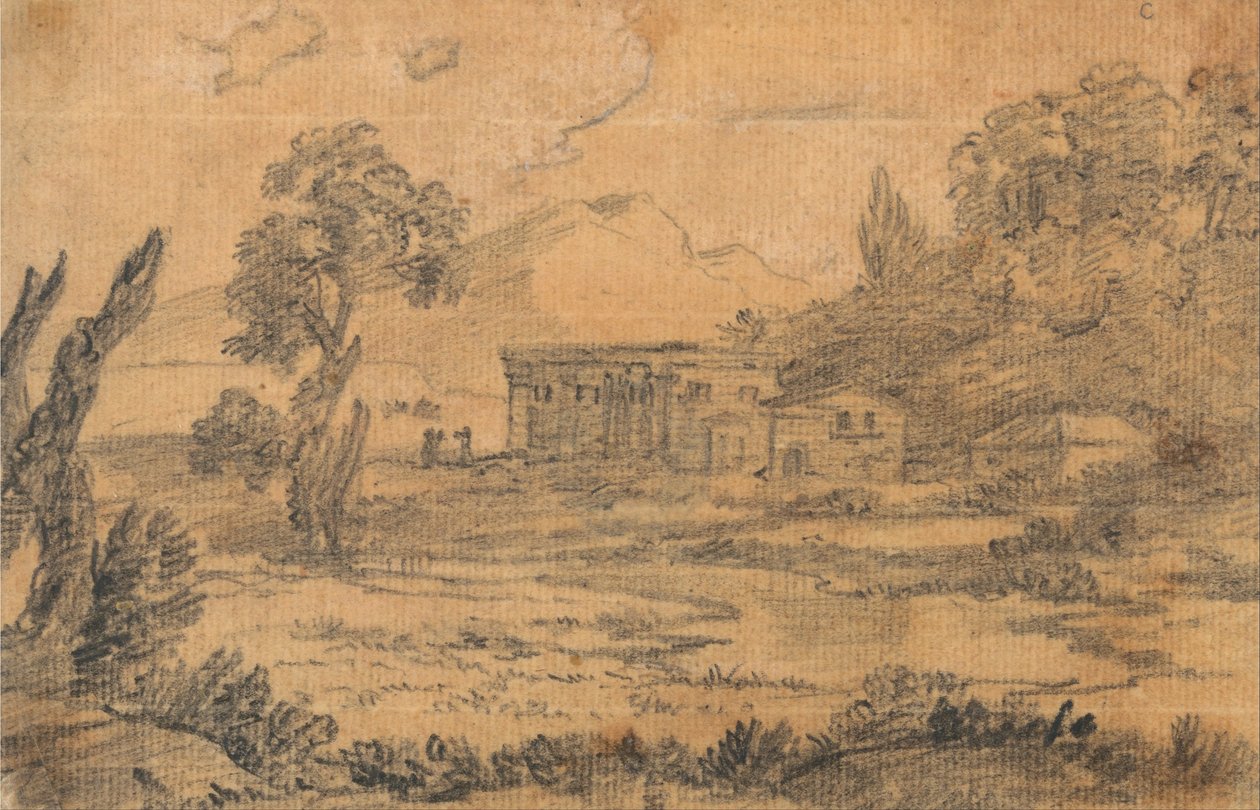 Edifici lungo un fiume con colline sullo sfondo da Alexander Cozens