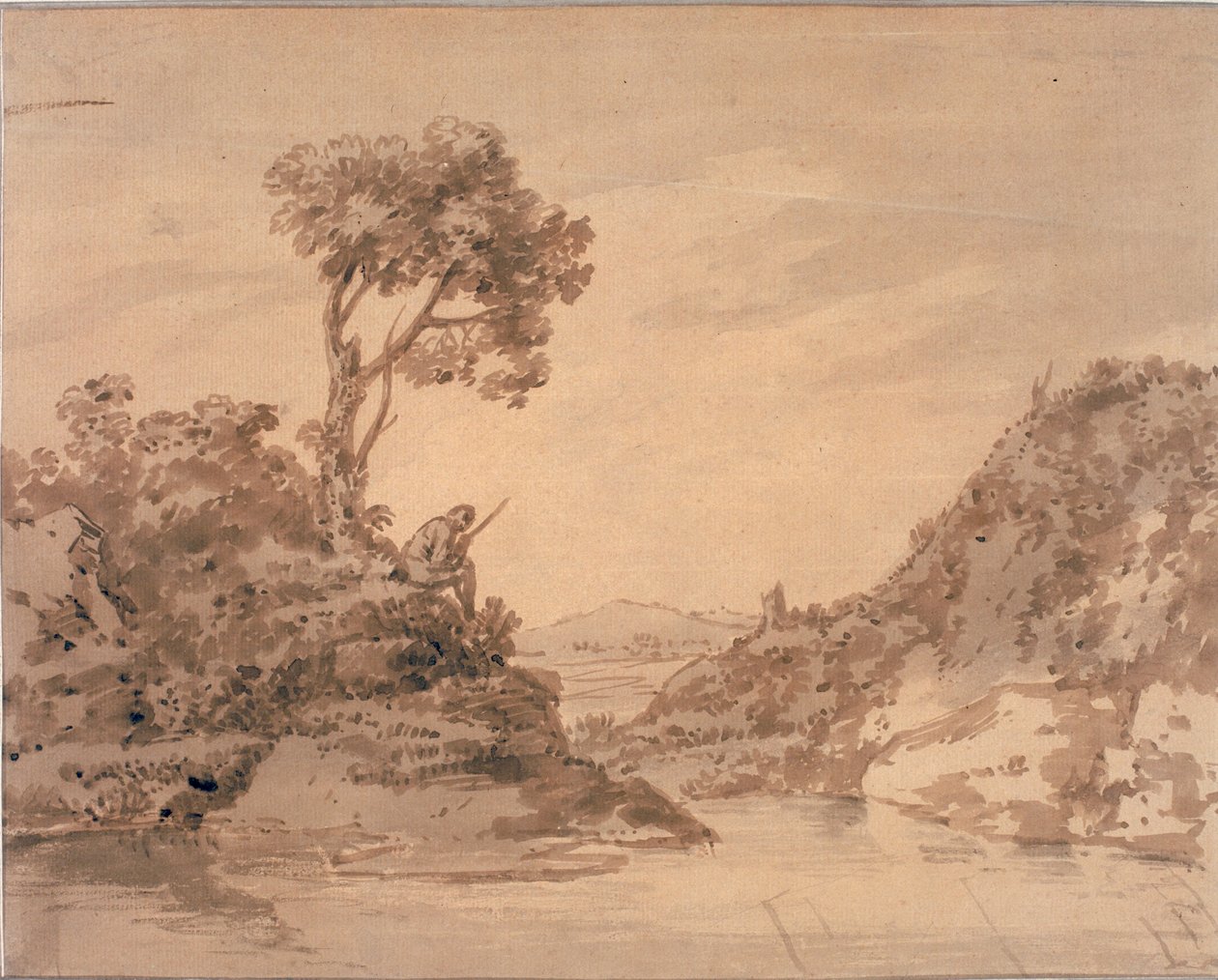 Paesaggio con figura sulla riva di una pozza da Alexander Cozens