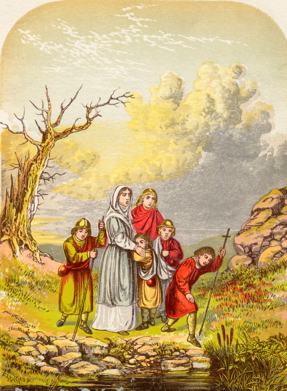 Cristiana e i suoi figli arrivano alla Palude dello Scoraggiamento, da Il progresso del pellegrino di John Bunyan, pubblicato c.1880 da Alexander Francis Lydon