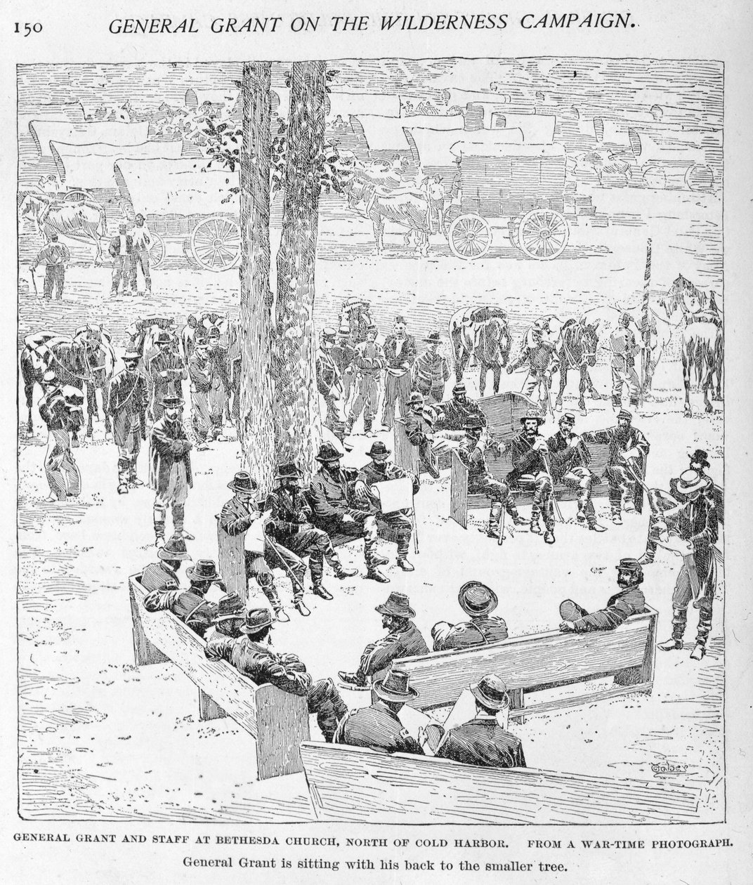 Generale Grant e il suo staff alla Chiesa di Bethesda, a nord di Cold Harbour, inciso da J.W. Taber (fl.1850-1928) da una fotografia, illustrazione da 
