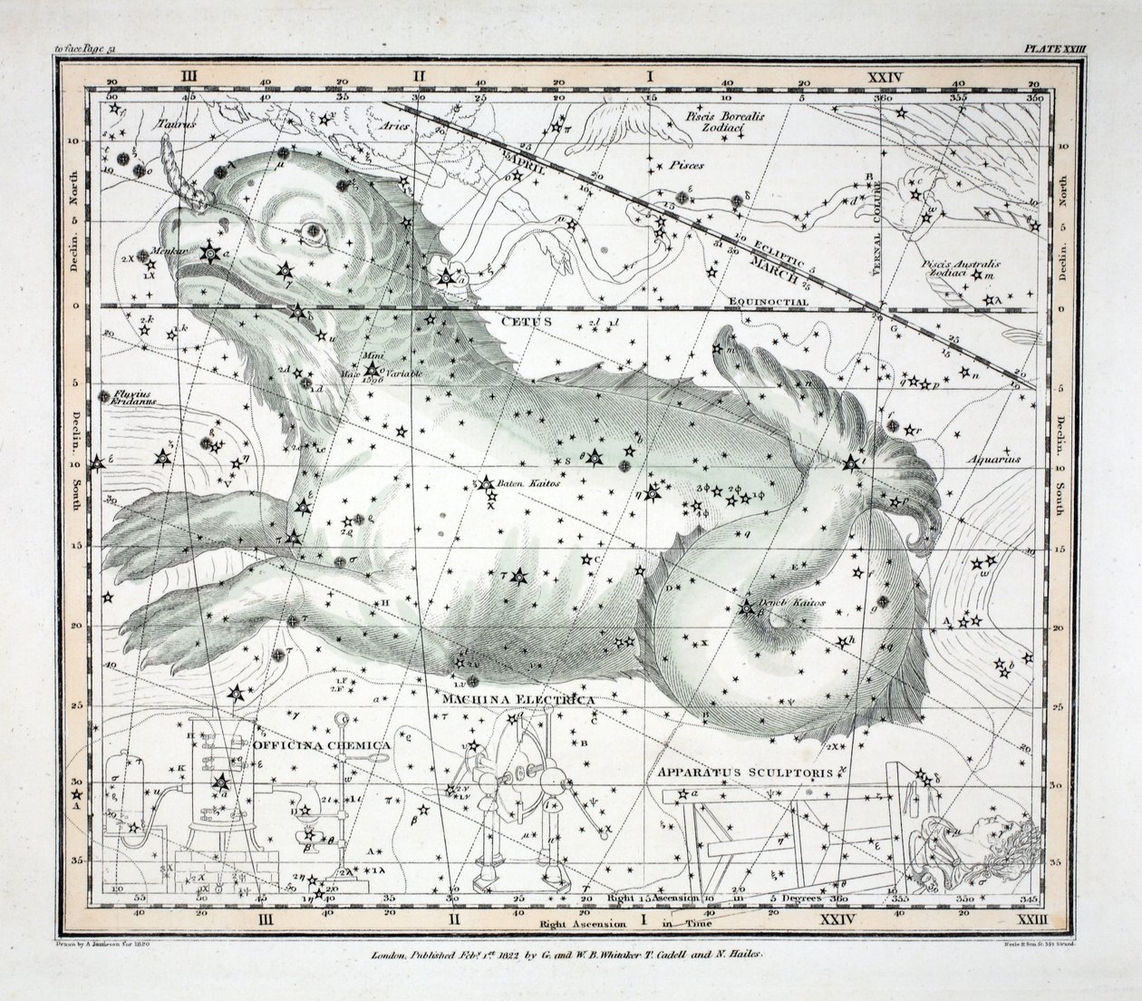 Le costellazioni (Tavola XXIII) Cetus, Officina Sculptoris, Machina Electrica, Fornax Chemica, da 