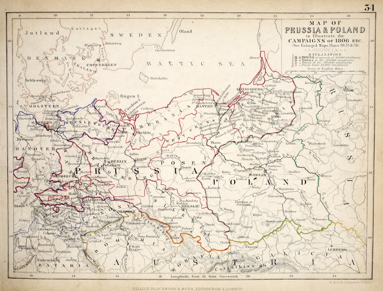 Mappa della Prussia e della Polonia, pubblicata da William Blackwood and Sons, Edimburgo e Londra, 1848 da Alexander Keith Johnston