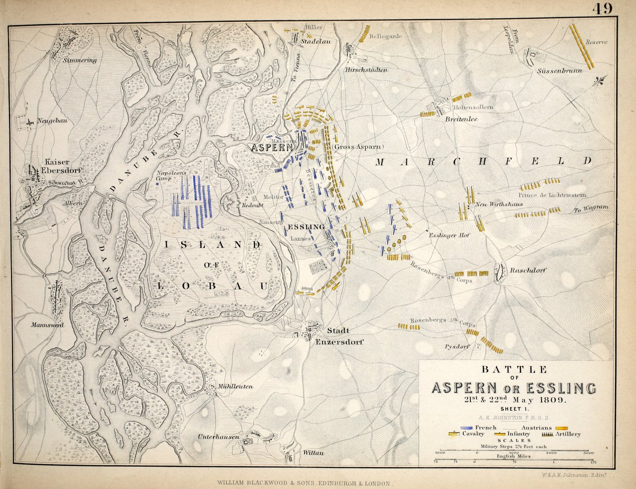 Mappa della battaglia di Aspern o Essling, pubblicata da William Blackwood and Sons, Edimburgo e Londra, 1848 da Alexander Keith Johnston