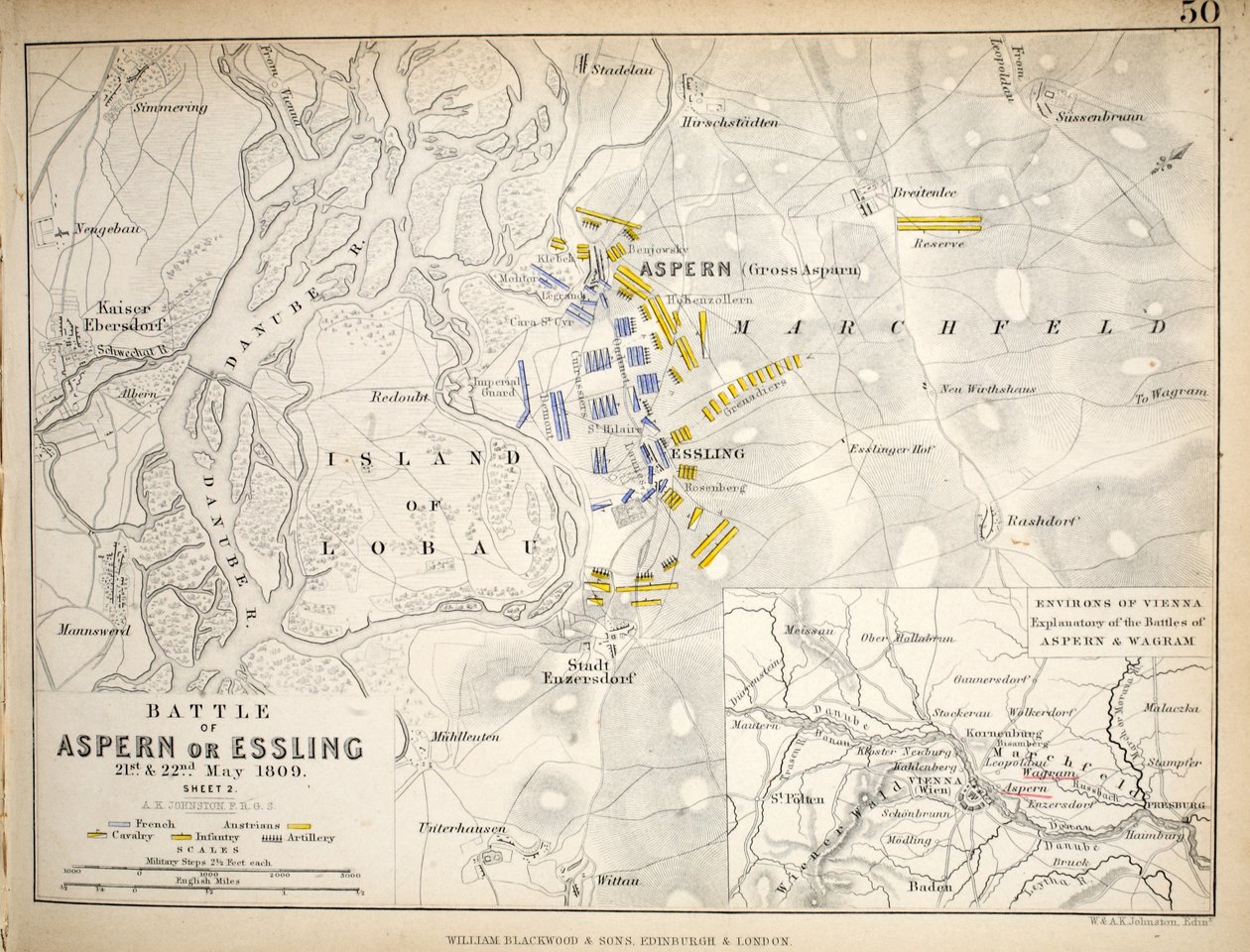 Mappa della Battaglia di Aspern o Essling, pubblicata da William Blackwood and Sons, Edimburgo e Londra, 1848 da Alexander Keith Johnston