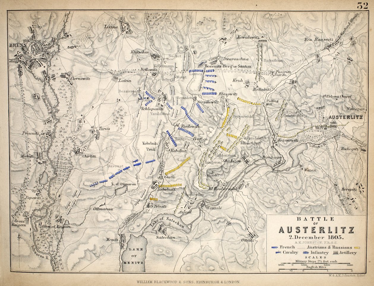 Mappa della battaglia di Austerlitz, pubblicata da William Blackwood and Sons, Edimburgo e Londra, 1848 da Alexander Keith Johnston