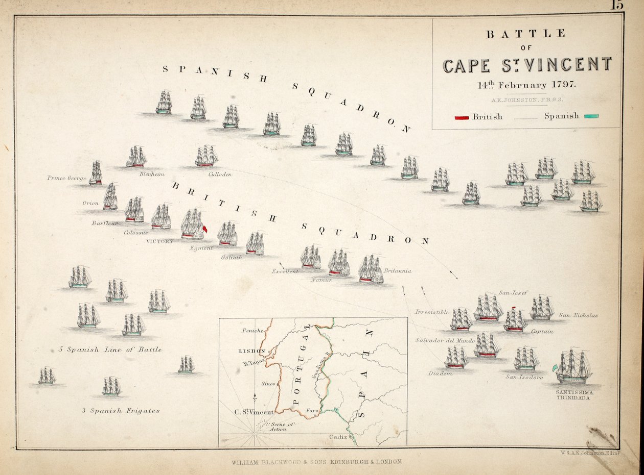 Mappa della Battaglia di Capo San Vincenzo, pubblicata da William Blackwood and Sons, Edimburgo e Londra, 1848 da Alexander Keith Johnston