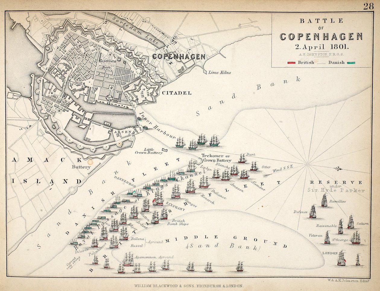 Mappa della battaglia di Copenaghen, pubblicata da William Blackwood and Sons, Edimburgo e Londra, 1848 da Alexander Keith Johnston