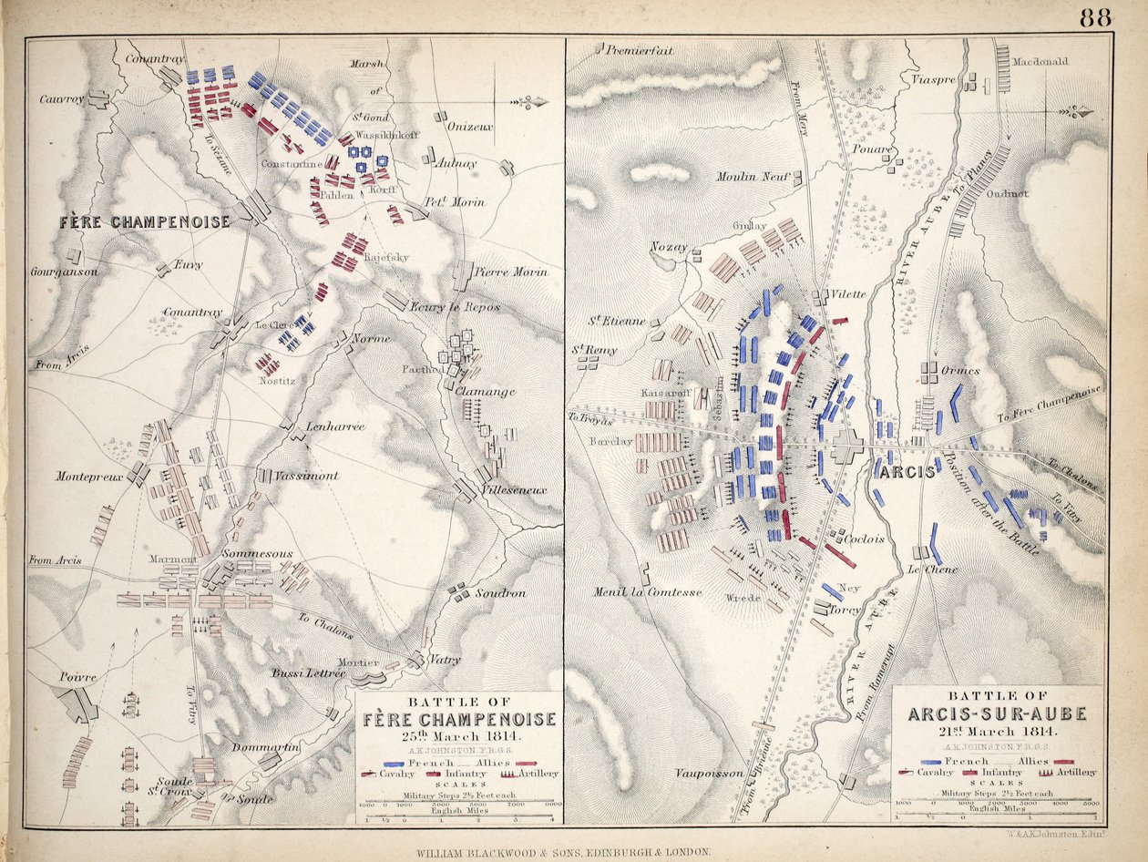 Mappa della Battaglia di Fere Champenoise e della Battaglia di Arcis-Sur-Aube, pubblicata da William Blackwood and Sons, Edimburgo e Londra, 1848 da Alexander Keith Johnston