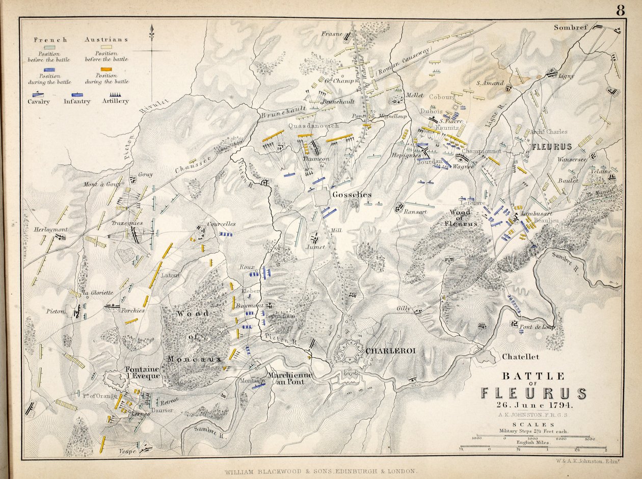 Mappa della Battaglia di Fleurus, pubblicata da William Blackwood and Sons, Edimburgo e Londra, 1848 da Alexander Keith Johnston