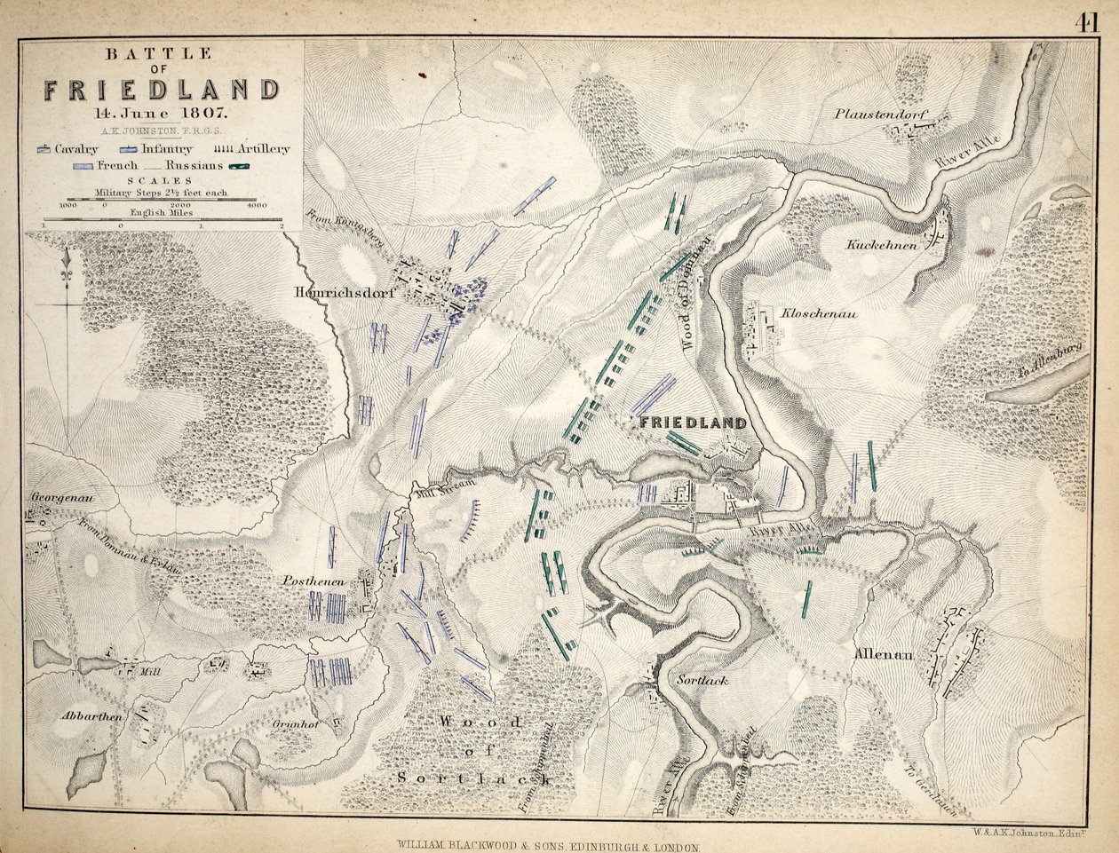 Mappa della Battaglia di Friedland, pubblicata da William Blackwood and Sons, Edimburgo e Londra, 1848 (incisione colorata a mano) da Alexander Keith Johnston