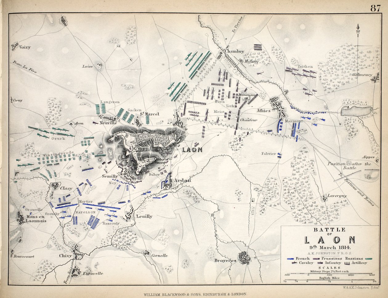 Mappa della battaglia di Laon, pubblicata da William Blackwood and Sons, Edimburgo e Londra, 1848 da Alexander Keith Johnston